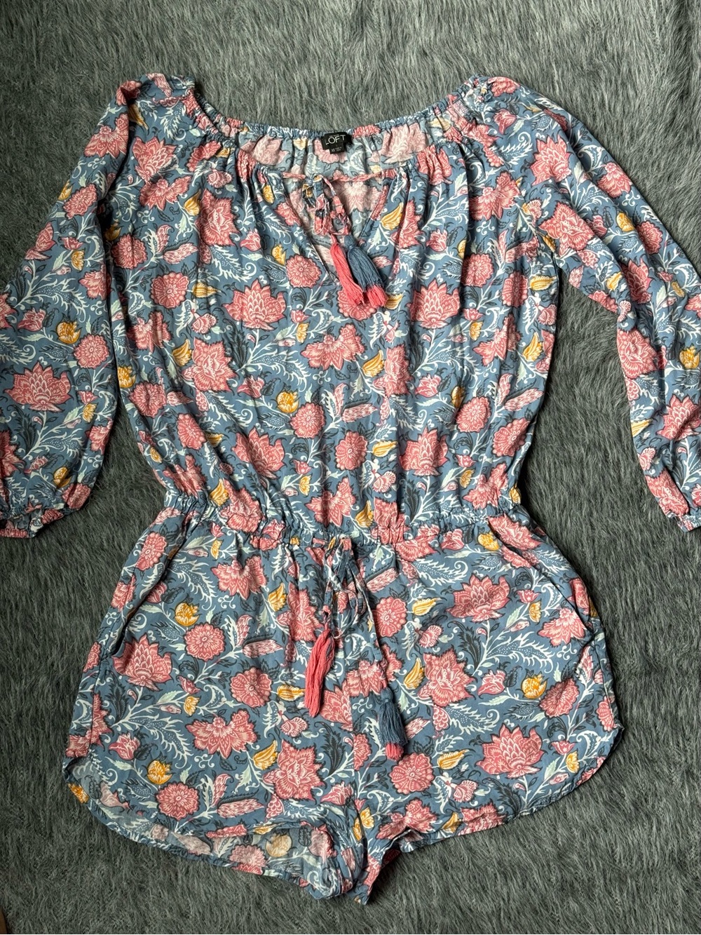LOFT Blue Floral Off-Shoulder Romper with Pink and Yellow Accents